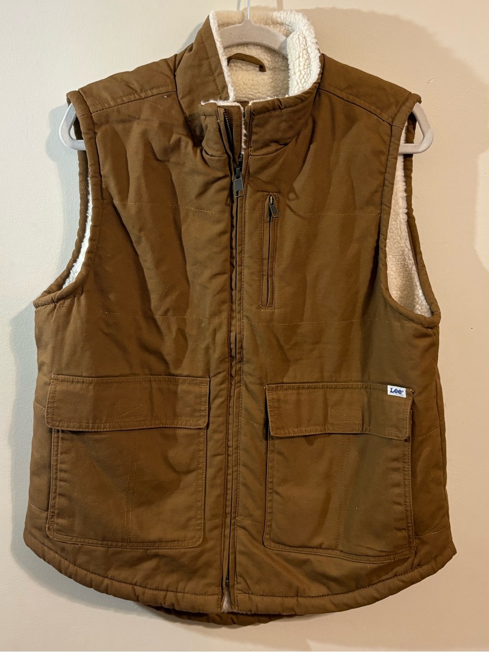 LEE Sherpa Vest Mens small Lined Workwear Canvas Vest Brown Tan Zip Pockets